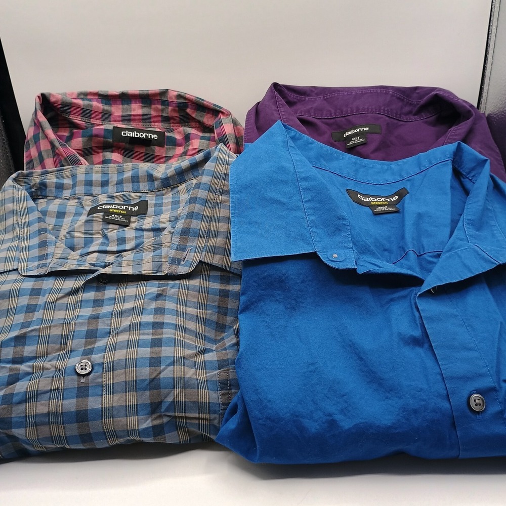 Lot of 4 Claiborne Stretch Mens 4XLT Shirts Solid‎ Plaid Checkered Big and Tall